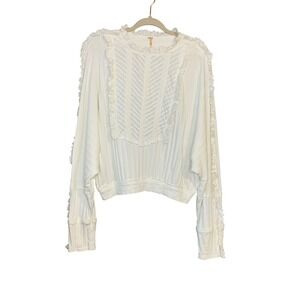 Free People Cottage-core More Romance Top Ivory Ruffle Trim Long Sleeve Blouse L